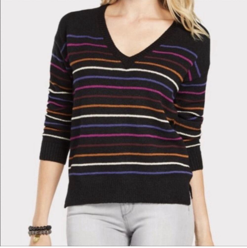 Allison Joy Evereve Multi Striped V-Neck Sweater Womens Colorful Knit Pullover